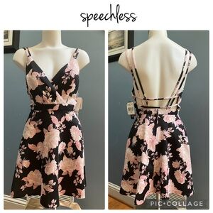 Speechless Black with Pink Floral Strappy Dress Small Juniors NWT